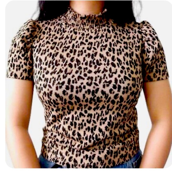 Zara Animal Print Black & Brown Smocked Neck Crop Top Puffed Short Sleeve Size S - Picture 1 of 10